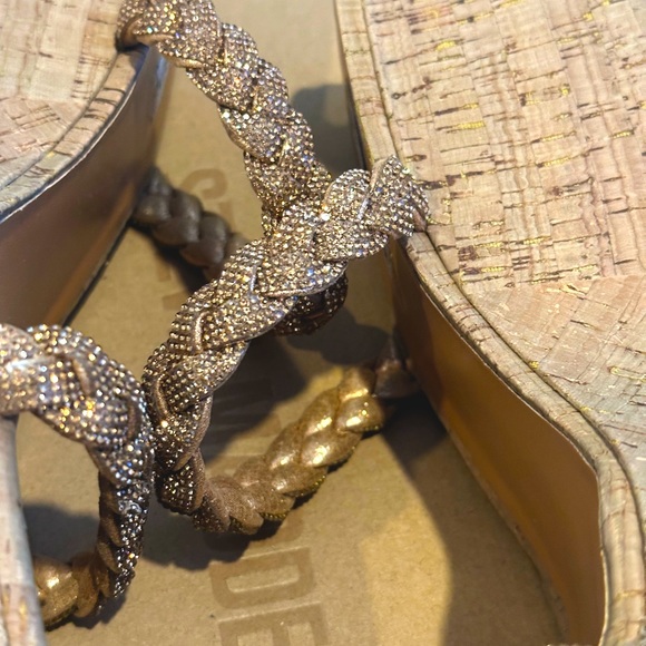 Steve Madden Danya Cork Wedge Sandals Bronze Rhinestone Braided Straps - Picture 7 of 11